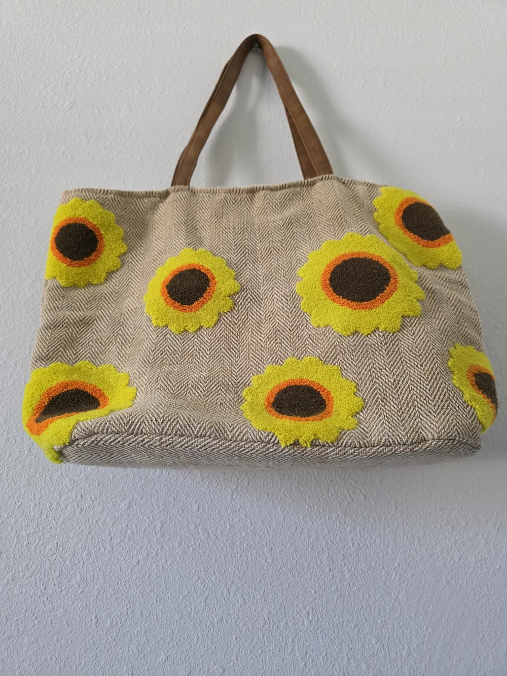 Beige Sunflower Tote Bag with Brown Handles